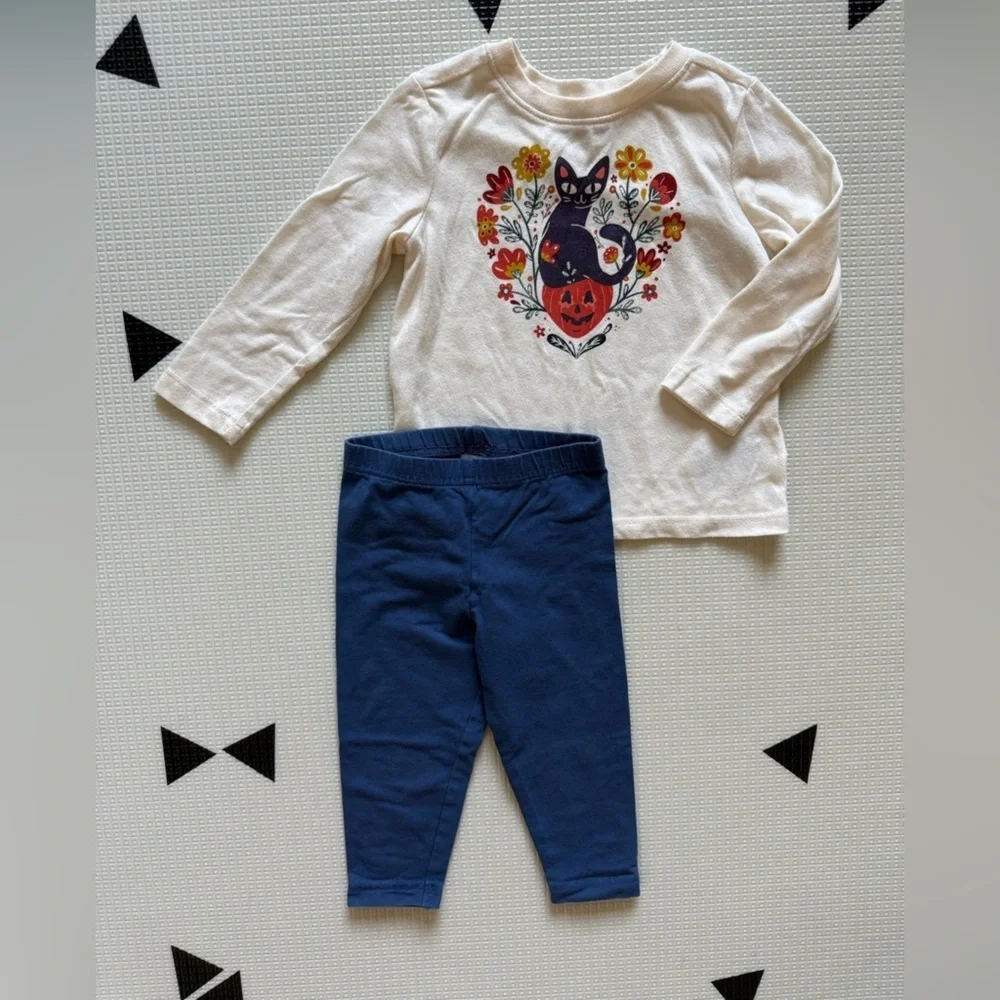 Old Navy|Baby girl cute outfit,Cat Halloween & Pumpkin long sleeve & leggings•••